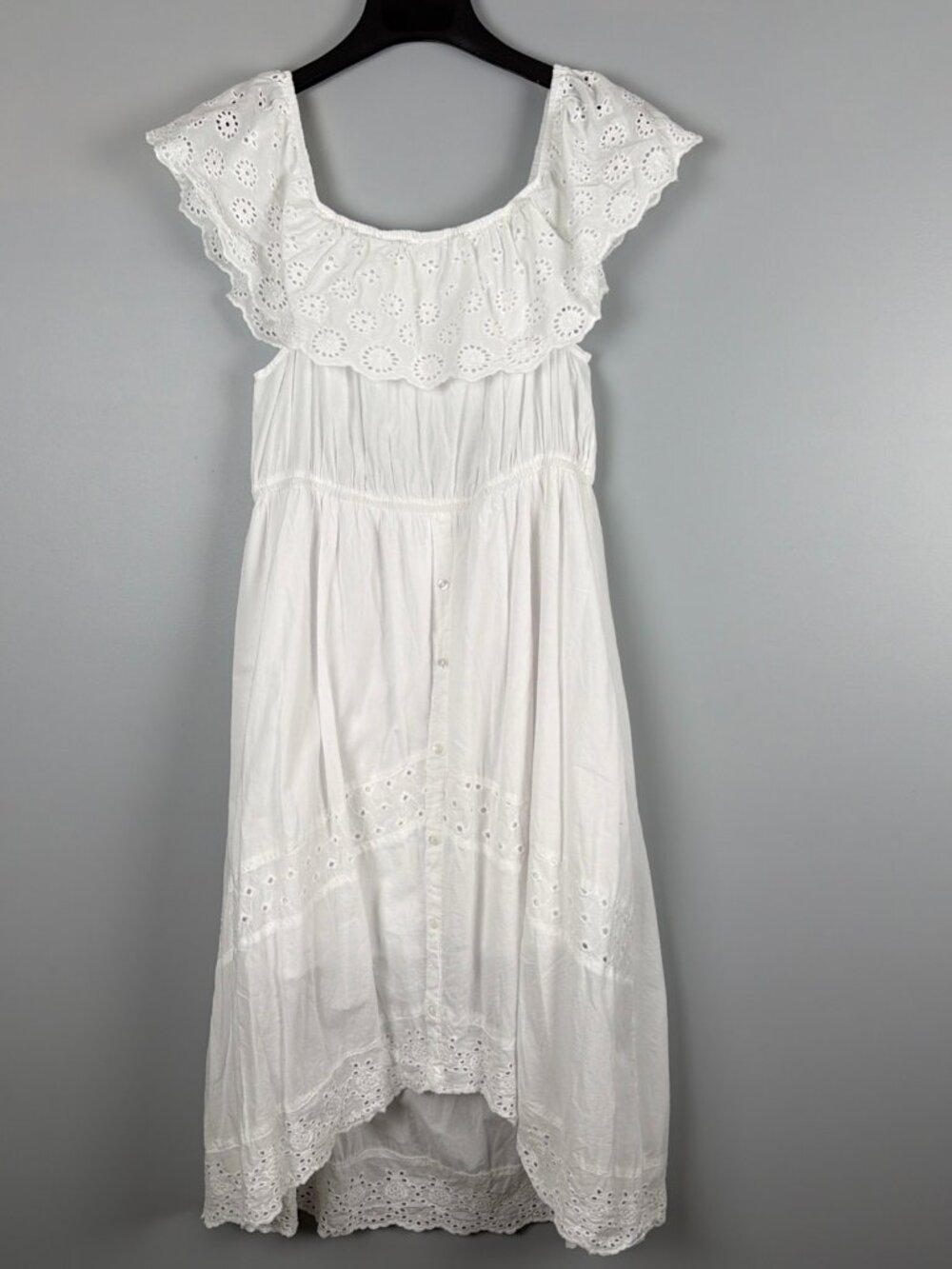 Kings Road Dress 2X White Eyelet Off Shoulder Lined Boho Prairie Maxi Country
